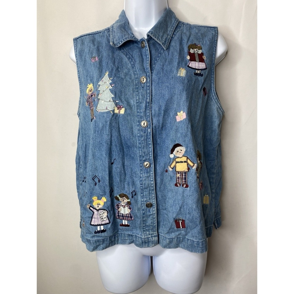 Christopher & Banks Womens Denim Christmas Vest Size Medium Holiday Caroling Y2K